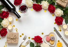Top view surrounded by mixed roses in red and white, a rustic gift box with a twine bow, a heart-shaped saucer filled with homemade candies, antique cutlery, flickering candles golden photo