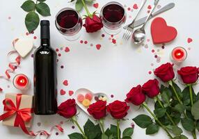 Top view vertical photo of a dark red wine bottle and a clear wine glass filled with red wine, surrounded by vibrant red roses, a beautifully wrapped gift box