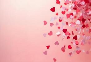 A whimsical arrangement of heart confetti in various patterns, such as polka dots and stripes, falling over a bright pink background, perfect for a fun Valentine's Day card. photo
