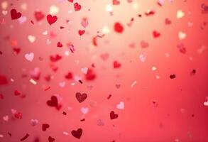 Vibrant heart confetti swirling downwards over a bright pink background, with some hearts glimmering as if reflecting light, perfect for a romantic greeting card photo