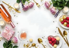 Surrounded by lavender roses, a floral gift box with a matching ribbon, a heart-shaped saucer filled with assorted chocolates, elegant gold cutlery, soft candles, silver confetti on a clean photo