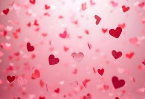 Heart confetti in various sizes falling over a soft pink background, with a few larger hearts scattered throughout, creating a festive atmosphere for a Valentine's Day card. photo