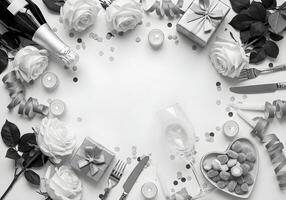 Top view vertical photo of a sparkling wine bottle and a frosted wine glass filled with sparkling wine, surrounded by white roses, a silver gift box with a blue ribbon, a black white