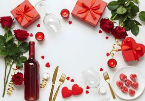 Valentine's Day concept. Top view vertical photo of wine bottle wineglass roses giftbox heart shaped saucer candies cutlery candles confetti on isolated white background with empty space in the middle