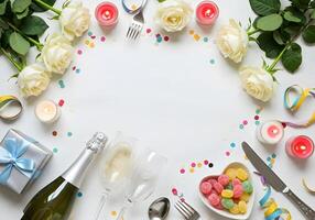 Top view vertical photo of a sparkling wine bottle and a frosted wine glass filled with sparkling wine, surrounded by white roses, a silver gift box with a blue ribbon