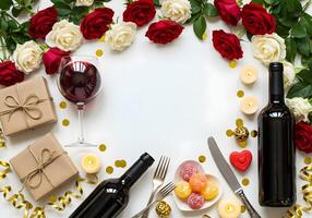 Top view vertical photo of a classic red wine bottle and a vintage wine glass filled with red wine, golden confetti on a soft white background
