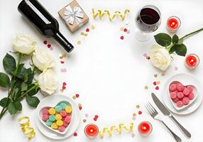 Overhead vertical photo showcasing a dark wine bottle and a crystal wine glass with red wine, accompanied by white roses, a small gift box with a silver ribbon