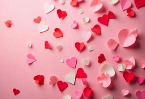 A mix of small and large heart confetti in red, pink, and white, falling over a textured pink background, creating a playful and romantic vibe for Valentine's Day photo