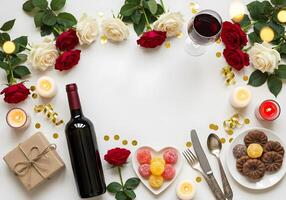 Top view vertical photo of a classic red wine bottle and a vintage wine glass filled with red wine, surrounded by mixed roses in red and white
