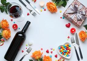 Top view vertical photo of a bold red wine bottle and a modern wine glass filled with dark red wine
