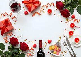 Top view vertical photo of a red wine bottle and a filled wine glass with a stem, surrounded by red roses, a gift box wrapped in red ribbon, a heart-shaped saucer filled with assorted candies