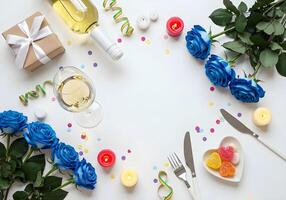 Top view vertical photo of a classic white wine bottle and a clear wine glass filled with white wine, surrounded by blue roses, a simple gift box with a white ribbon