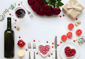 Top view vertical photo of a vintage wine bottle and a wine glass with a stem filled with red wine, arranged with deep red roses, a gift box with a lace ribbon, a heart-shaped saucer filled with heart