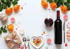 Top view vertical photo of a bold red wine bottle and a modern wine glass filled with dark red wine, surrounded by orange roses, a patterned gift box with a satin ribbon