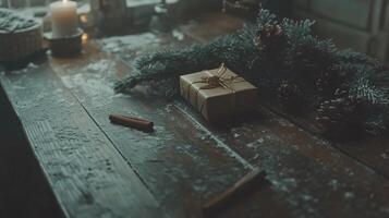 A rustic Christmas scene with a small gift wrapped in neutral paper, a lit candle, pinecones, and snowy fir branches on a wooden table, creating a cozy and nostalgic holiday ambiance photo