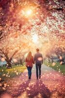 A couple walking hand in hand along a park path lined with blooming cherry blossom trees, as petals gently fall around them in the soft, glowing light of spring photo