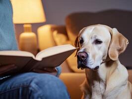 A cozy scene of a person reading a book aloud to their Labrador Retriever, with warm ambient lighting creating a peaceful and intimate atmosphere in a living room photo