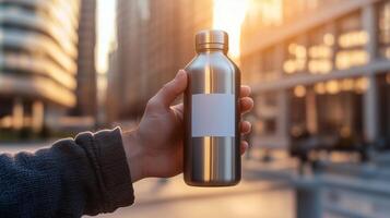 A sleek matte metallic bottle with a blank white label held by a hand, framed by an urban sunset backdrop, creating a stylish and modern look photo