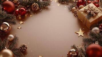 Elegant Christmas frame with gold and red decorations, pine branches, ornaments, stars, and a wrapped gift box on a soft background, creating a luxurious holiday border photo