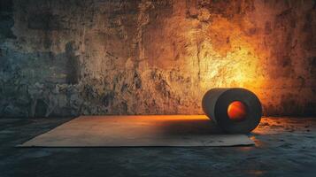 A large roll of industrial sandpaper on a concrete floor with a textured wall in a dimly lit industrial setting, highlighted by a warm light, creating a dramatic and moody atmosphere photo