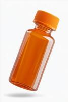 A floating plastic orange bottle mockup with a ribbed cap, transparent glossy finish, and a white background, creating a modern and dynamic presentation photo