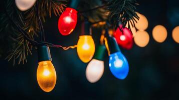 An abstract close-up of glowing multicolored Christmas string lights hanging on a tree branch, creating a warm and festive holiday atmosphere photo