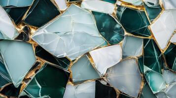 An abstract composition featuring shattered glass pieces in varying shades of teal and white, outlined with golden edges, creating a striking contrast of textures and colors photo