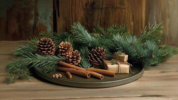 Rustic Christmas setup with pinecones, cinnamon sticks, small wrapped gifts, and fir branches on a wooden surface, creating a cozy and natural holiday ambiance photo