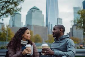 An interracial couple sitting on a park bench, enjoying coffee and smiling at each other, with a modern cityscape in the background on a cloudy days photo