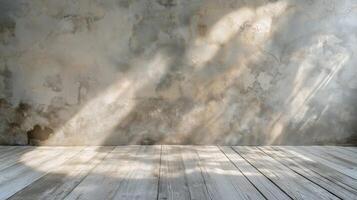 A bare industrial room with sunlit wooden floors and faded concrete walls, creating a minimalist and serene atmosphere with soft shadows and rustic textures photo