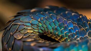A highly detailed close-up of snake scales with iridescent hues of blue, green, and gold, showing the intricate texture and layered structure of the reptile's skin photo
