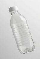 A floating clear plastic bottle mockup with a ribbed body and white cap, presented against a light gray background, highlighting its clean and modern design photo