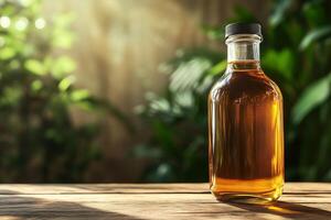 A glass bottle mockup with a black screw cap, filled with amber liquid, on a wooden table against a blurred green background, bathed in warm sunlight, creating a serene, organic atmosphere. photo