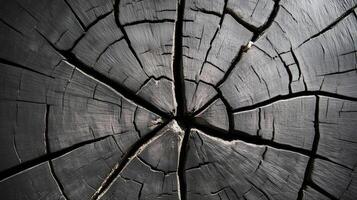 A close-up of a weathered black wooden log with deep cracks and radial patterns, showcasing natural aging and rustic texture photo