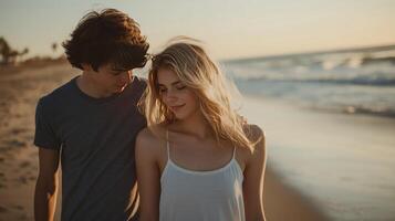 A young couple walking quietly along the beach during sunset, with the soft golden light and gentle waves creating a serene and romantic atmosphere photo