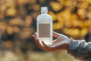 An open frosted glass bottle with a blank label held in a hand, set against a blurred background of golden autumn leaves photo