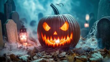 A menacing jack-o-lantern with a glowing face sits among tombstones in a foggy graveyard, creating a spooky and eerie Halloween scene photo