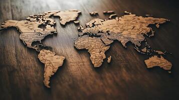 A world map cutout made from wood, showing detailed country borders and placed on a dark wooden surface, evoking themes of travel, craftsmanship, and rustic design with warm earthy tones photo