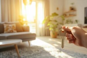 A first-person view of a hand holding keys in a bright and modern living room, with sunlight streaming through large windows and minimalistic decor creating a fresh atmosphere photo