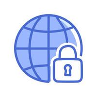 Cyber security, globe and padlock thin line icon or logo. vector