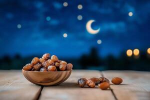 Bowl of dates on wooden table with crescent moon and stars in night sky background photo