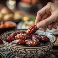 Hand picking dates from ornate bowl at festive table setting photo