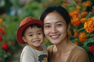 Smiling mother and child in garden with colorful flowers and bright hats. mothers Day photo