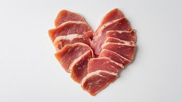Heart-shaped cured meat arrangement on white background. valentine's day. copy space photo