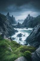 Rocky coast with cliffs and crashing waves photo
