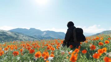 Silhouette of a tourist in a field of beautiful red densely growing flowers photo