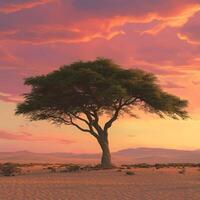 acacia tree standing against a sandy landscape at sunset photo