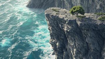 High cliffs with bush, washed by ocean waves. photo
