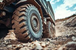 truck in a gemstone quarry, steep rocky and dusty terrain photo