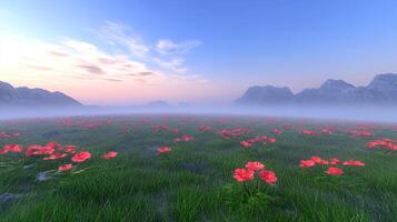 a field of beautiful red densely growing flowers, mountains in the haze are visible in the distance photo